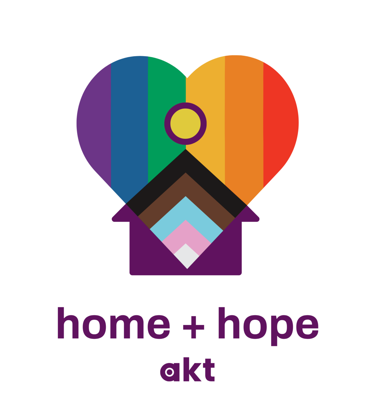 akt's Home + Hope logo, featuring a rainbow heart with an intersex circle in the centre and a house shape at the bottom with the stripes of the Progress Pride flag. Beneath, the words 
