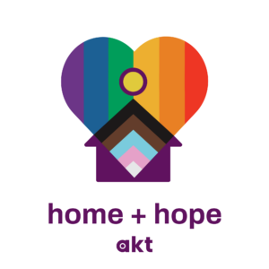 akt's Home + Hope logo, featuring a rainbow heart with an intersex circle in the centre and a house shape at the bottom with the stripes of the Progress Pride flag. Beneath, the words "home + hope" and akt's logo are displayed.
